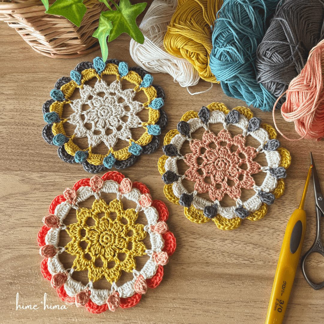 縁編みが花びらみたいなコースターの編み図と編み方（#doily_015)
