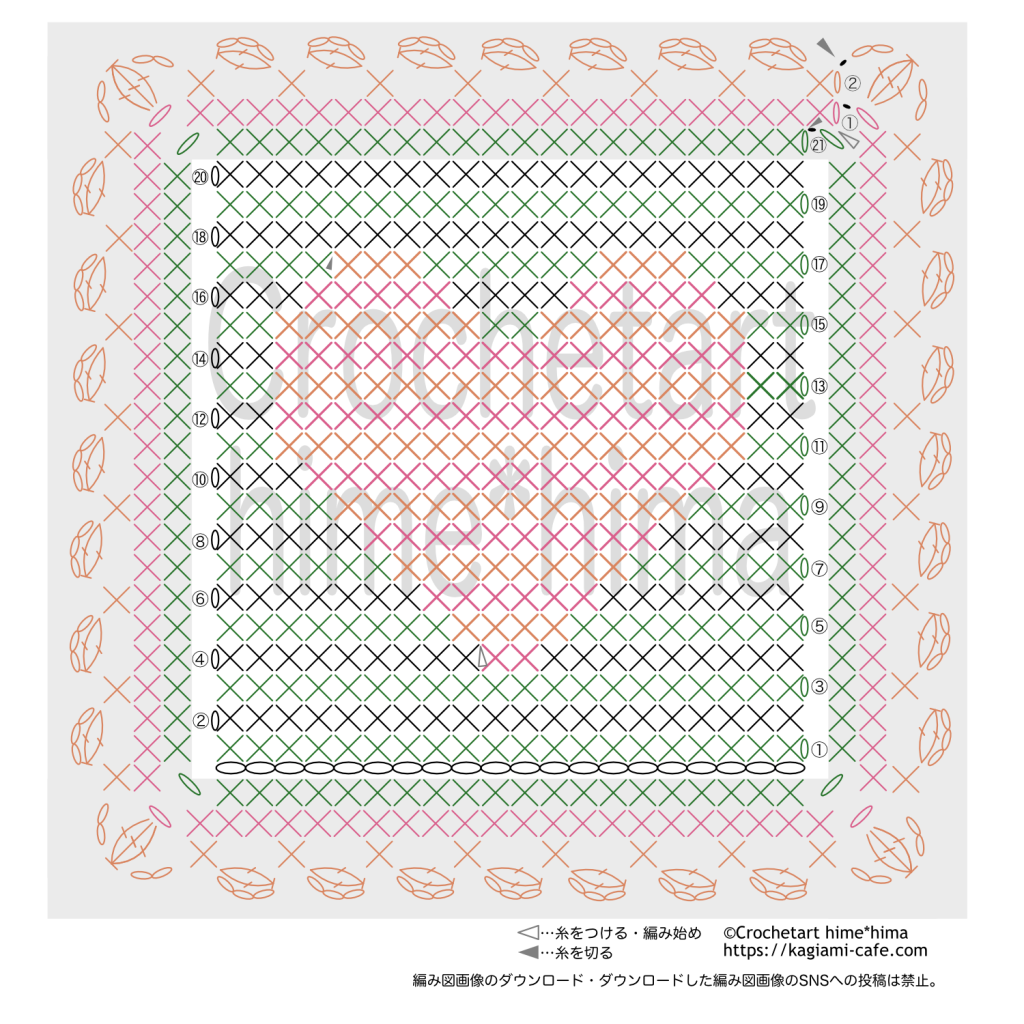 ハート模様の四角いコースターの編み図