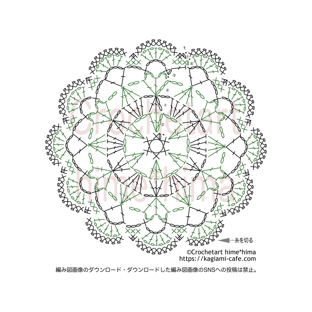 アミュレットモチーフ丸め花形の編み図